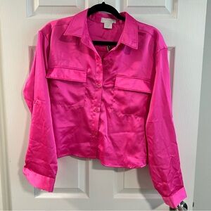 L.I.F.E Hot Pink Silk Satin Cropped Button Up Dress Shirt NWT